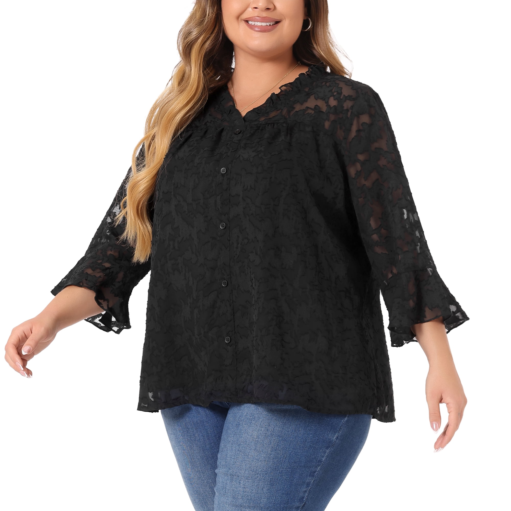 DARING DIVA Women's Plus Size V Neck 3/4 Bell Sleeve Semi Sheer Blouses 4X Black