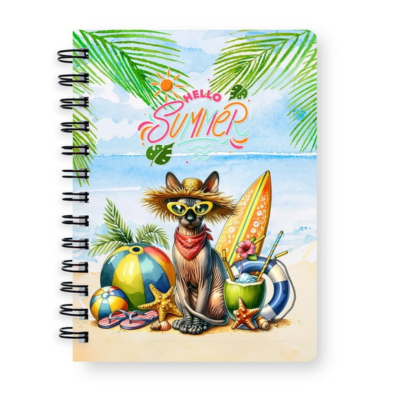 Sphynx Hello Summer with Sunglasses and Surfboard Tropical Vibes Spiral Bound Journal Cat Lover Kitten Owner Gifts Idea 5x7in Spiral Notebook - 00007