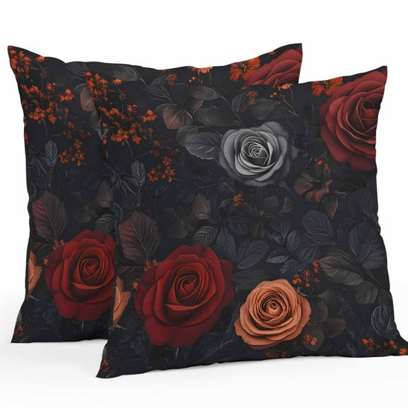 Waterproof Throw Pillow Covers Set of 2, 16x16 Inch Red Orange Roses Decorative Pillowcases Outdoor Pillow Slip Cushion Covers Set for Couch Tent Elegant Romantic Flowers Pastoral