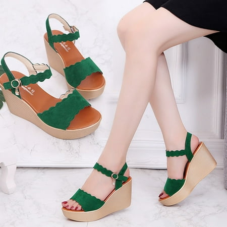

Fidelma High Heels Women Peep Toe Rhinestone Beach Sandals Buckle Strap Casual Wedges Shoes Green 39