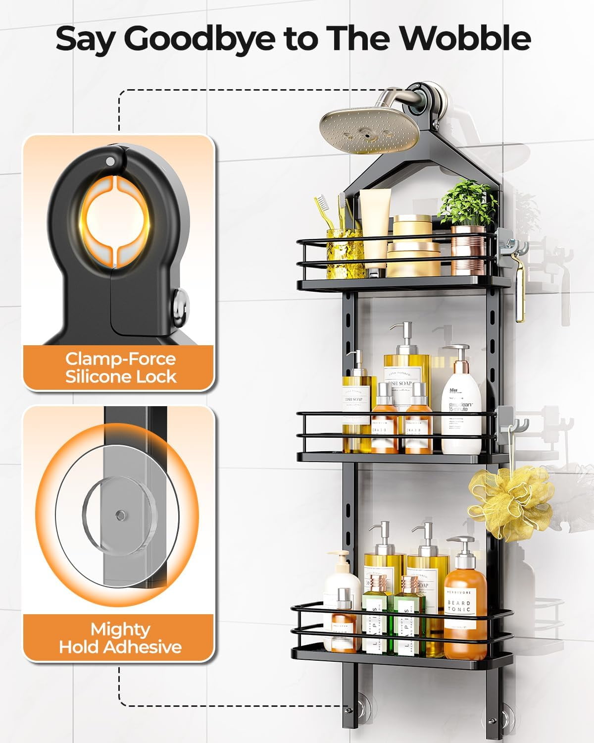 4 Tier Height-Adjustable Shower Caddy Hanging Anti-Swing-Over The Shower Head Caddy-Storage Organizer Bathroom Shelves Basket-White