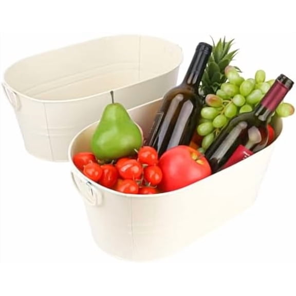 2 Pack White Metal Ice Bucket with Handle, 3 Gallon Large Galvanized Bucket, Oval Beverage Tub, Wine Beer Drink Buckets, Drink Holder for Party, Cocktail Bar, Holiday, Party, Wedding