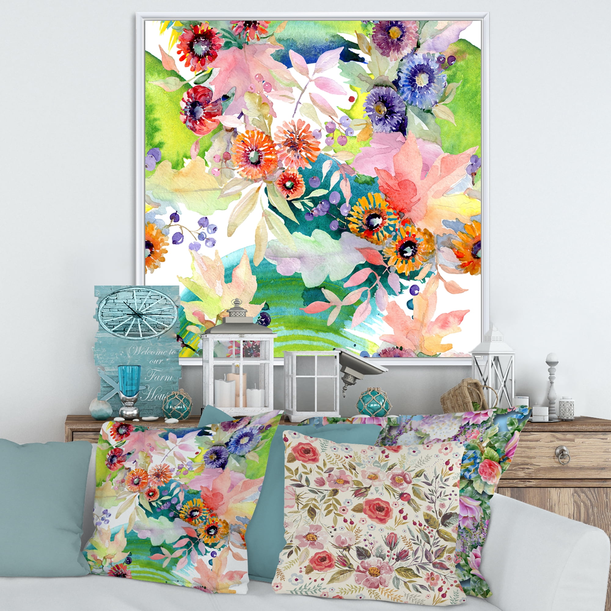 Designart 'Wildflowers and Vibrant Wild Spring Leaves II' Traditional Framed Canvas Wall Art Print