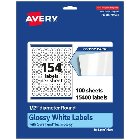 UPC: 0194793905786 | Avery Glossy White Round Labels with Sure Feed  1/2  Diameter  15 400 Glossy White Labels  Print-to-the-Edge  Permanent Label Adhesive  Laser/Inkjet Printable Labels