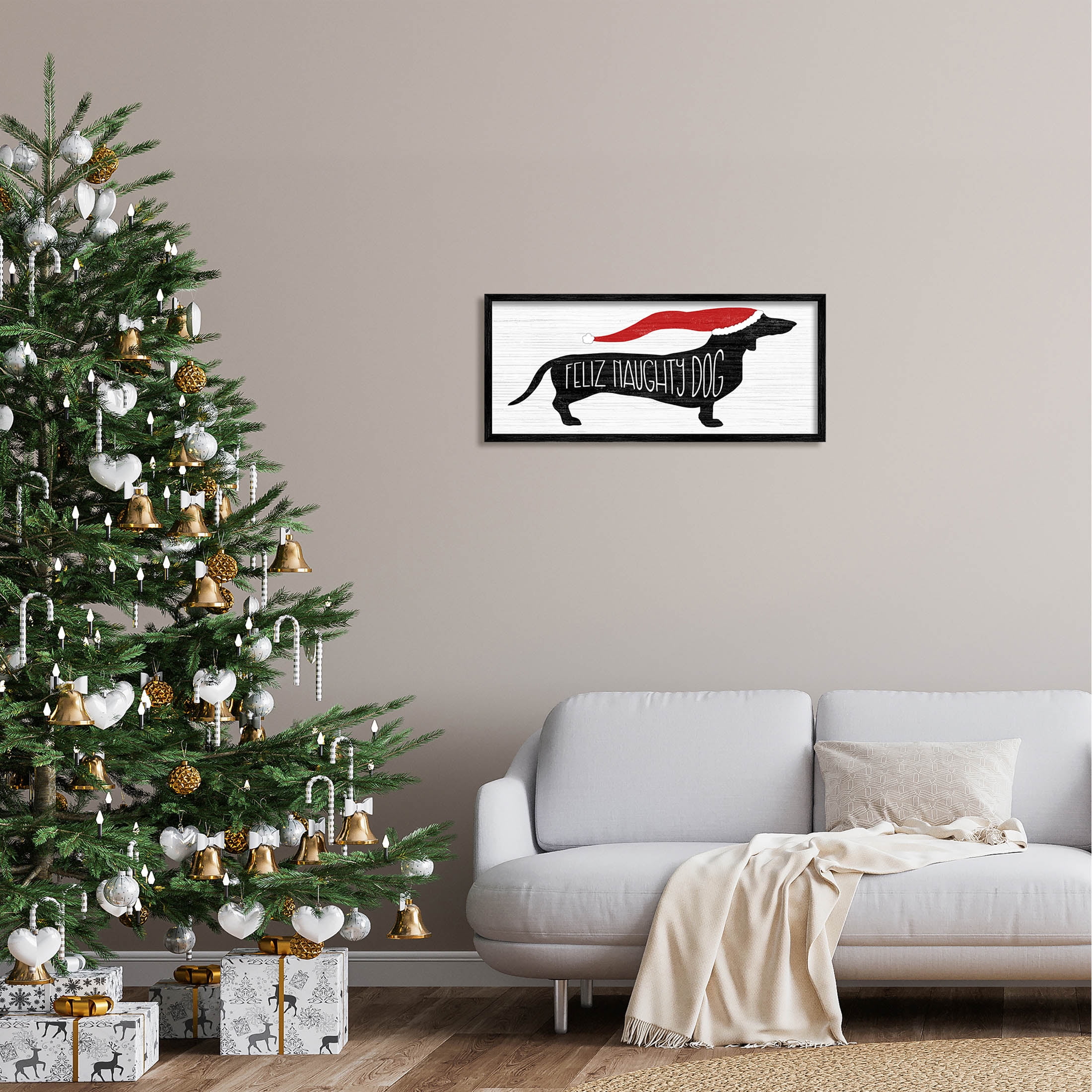 Funny Feliz Naughty Dog Dachshund Holiday Graphic Art Black Framed Art Print Wall Art