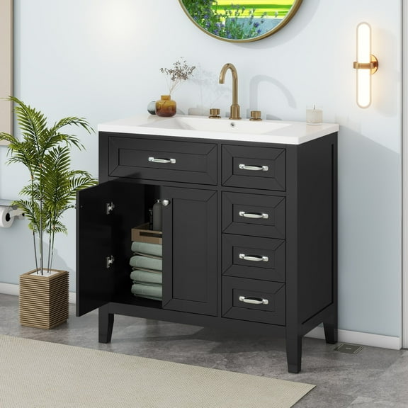 GDF Studio 36" Bathroom Vanity with Sink Combo, Solid Wood Frame and MDF Cabinet with Drawers, Black