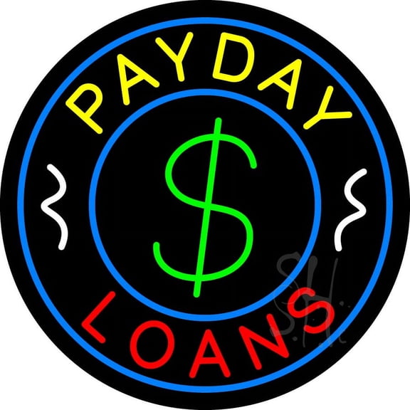 Round Payday Loans Dollar Logo LED Neon Sign 18 x 18 - inches, Black Square Cut Acrylic Backing, with Dimmer - Bright and Premium built indoor LED Neon Sign for Pawn Wall decor decor, and storefront.