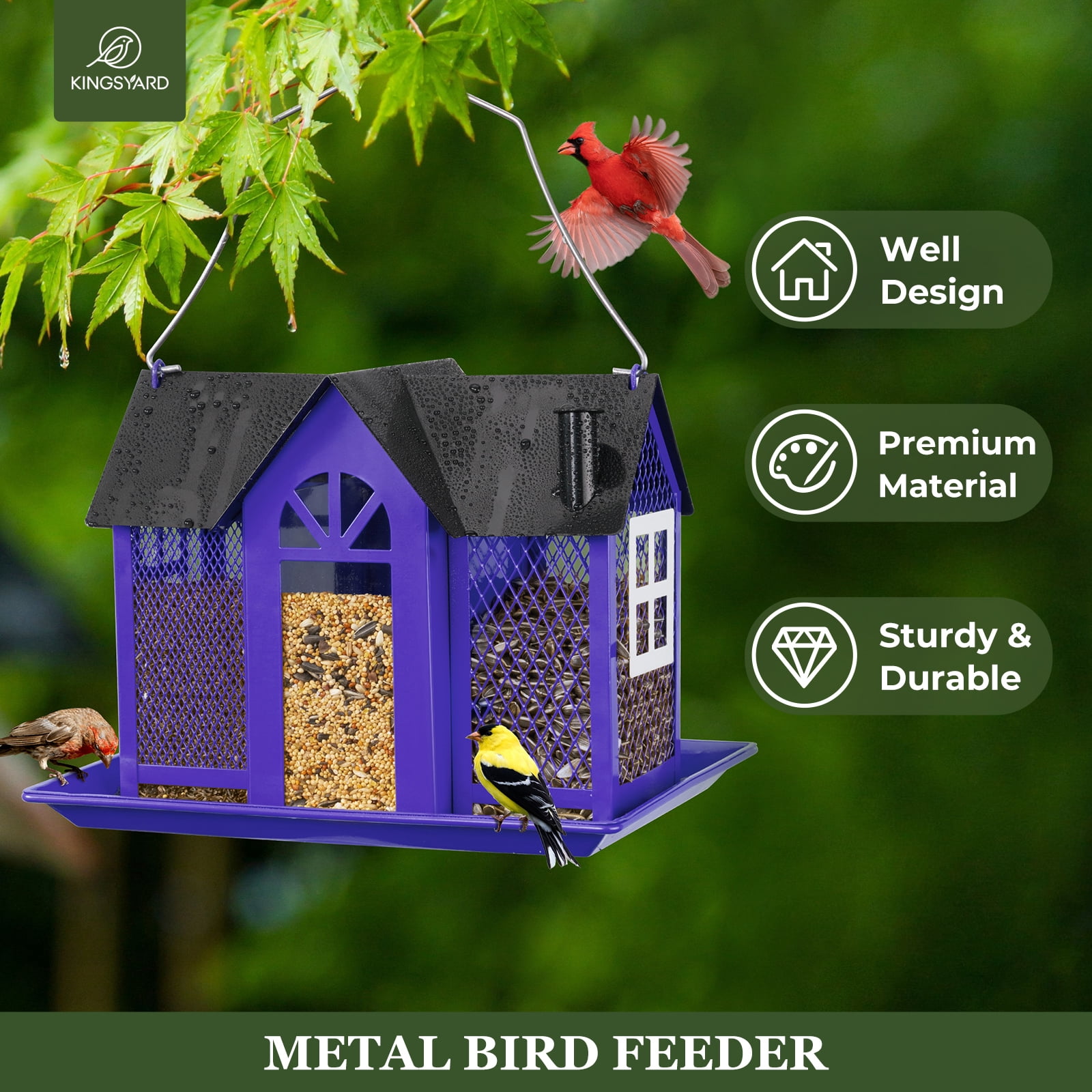 Kingsyard Weatherproof Metal Bird Feeder House, Triple Feeders for Outside Finch Cardinal, Purple