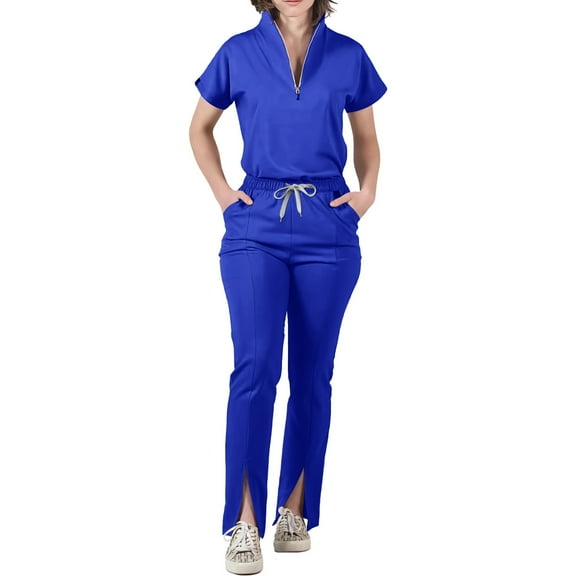 Scrubs for Women Set - with Sleeveless Stand-Up Collar Scrub Top & Jogger Scrub Pants, Many pocket Design Royal Blue XL