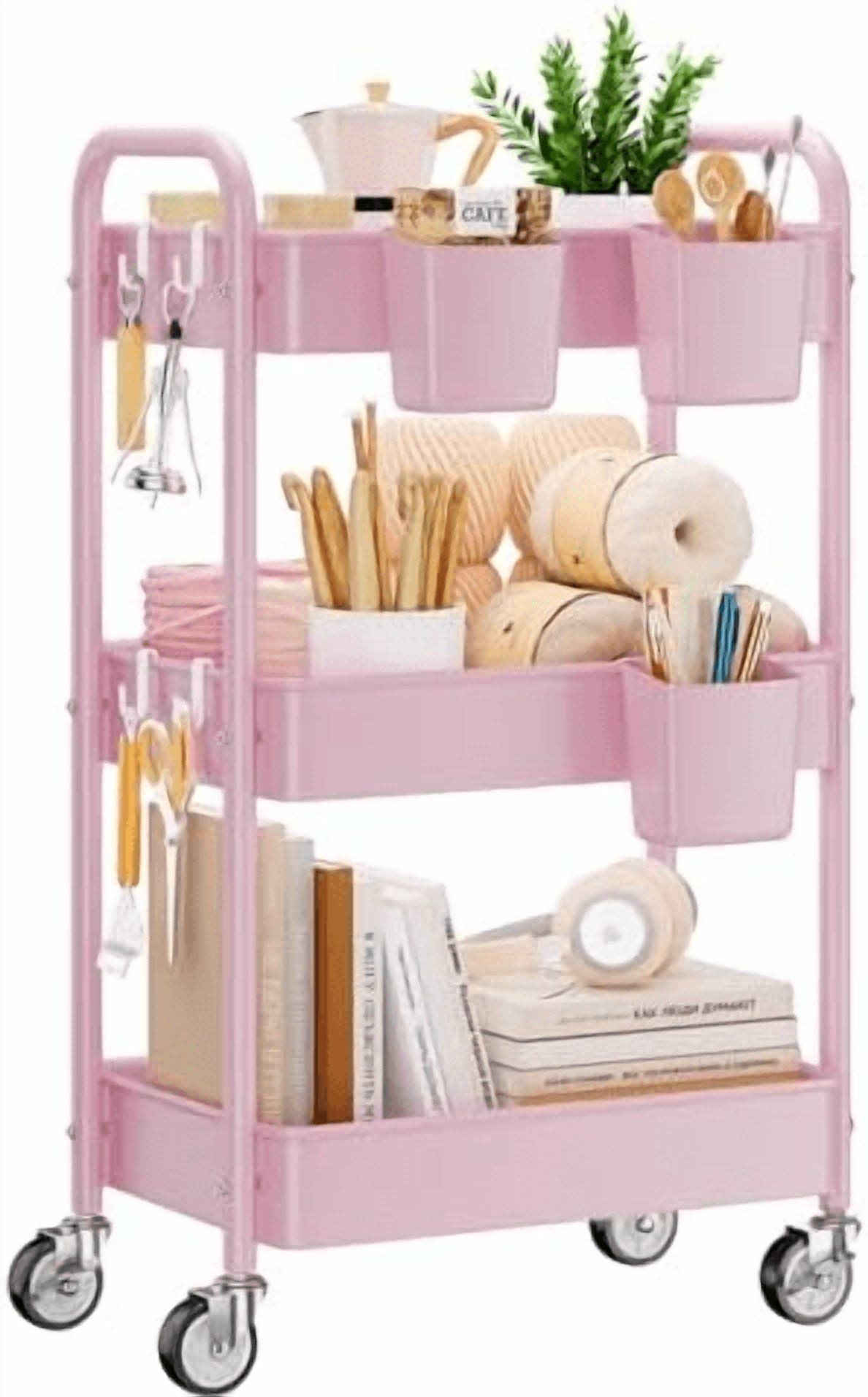 3-Tier Metal Rolling Cart, Heavy Duty Utility Cart with Lockable Wheels, Hanging Cups, Hooks, Mesh Rolling Storage Cart Craft Organizer, Lightweight and Sturdy, Pink