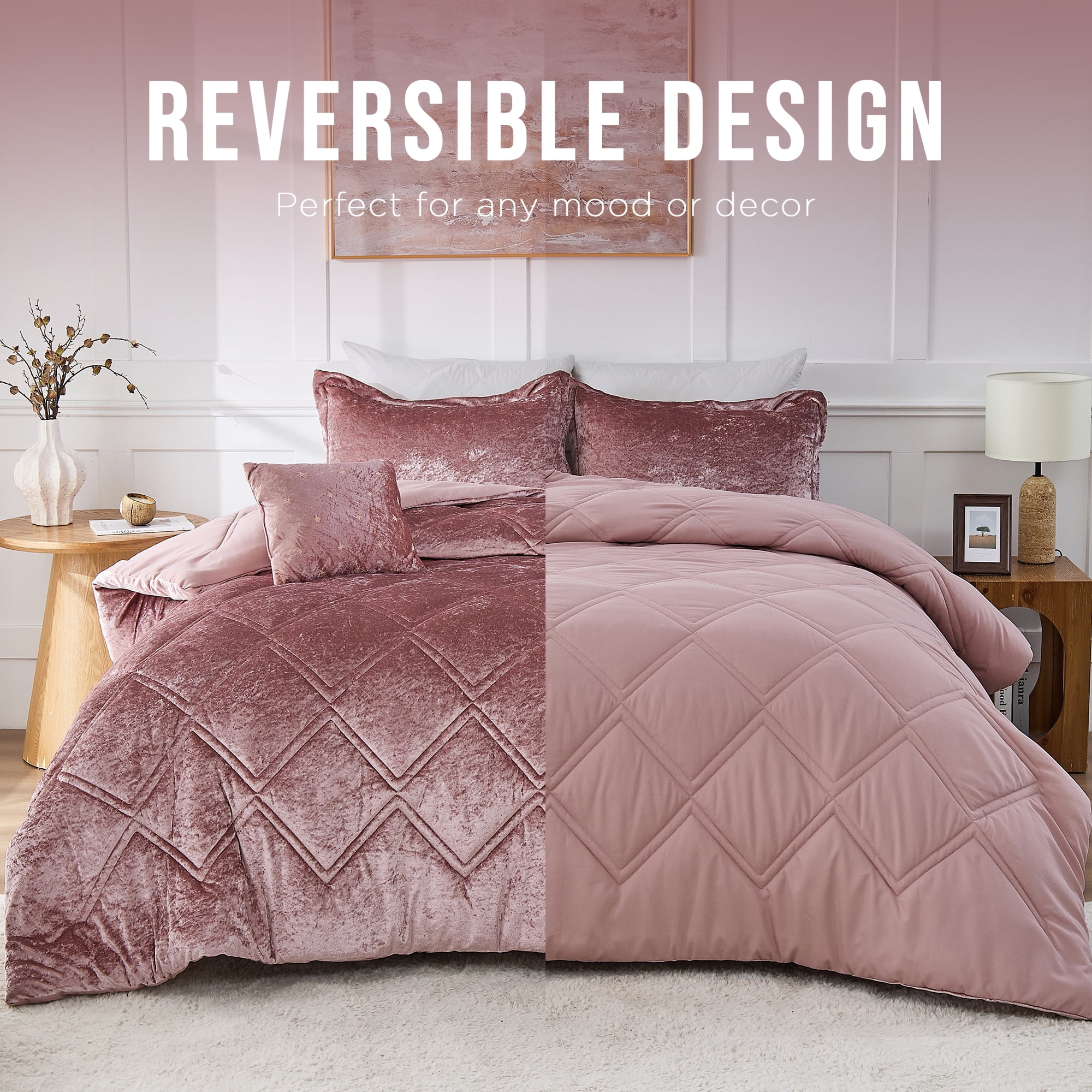 Regency Heights Twin/Twin XL Size Comforter Sets, Velvet Bedding Comforter Set for All Seasons, Blush Bedding Set with Decor Pillow, 4-Piece