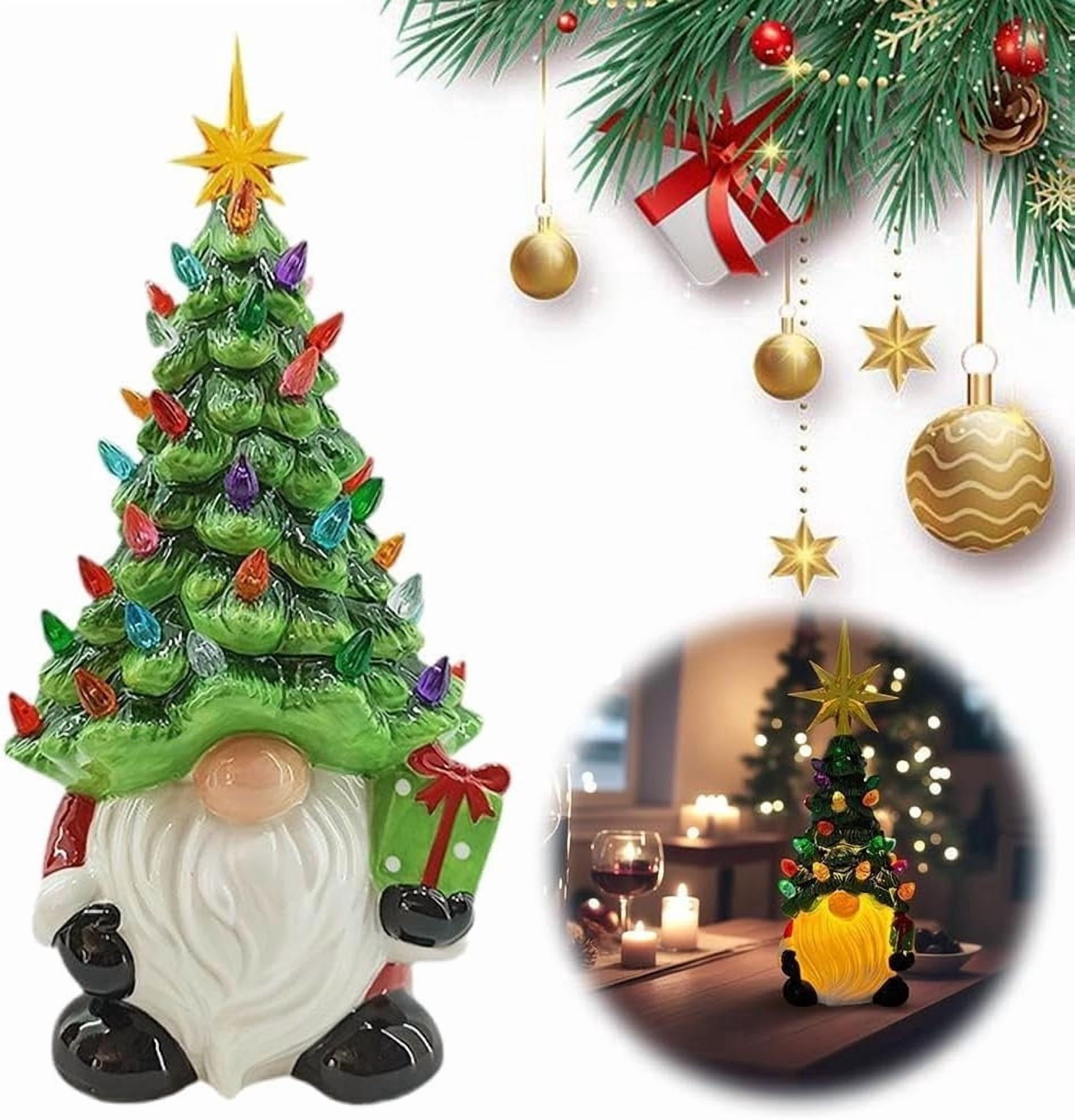 Christmas Gnome Christmas Tree, 8In Mini Ceramic Lighted Christmas Tree, Small Mini Prelit Xmas Holiday Decor for Tabletop Home Room Table Fireplace Office
