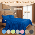 thumbnail image 2 of Amay Luxury Satin Silk Bed Sheet Set - 4 Piece Bedding Set with Fitted Sheet, Flat Sheet & 2 Pillowcases - Ultra Soft, Smooth, Wrinkle Resistant ( King, Royal Blue), 2 of 6