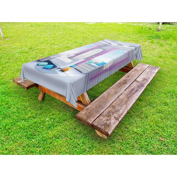 Fantasy Outdoor Tablecloth, Dreamy Bedroom in Wooden House Serene Countryside Mornings Lifestyle Image, Decorative Washable Fabric Picnic Tablecloth, 58 X 104 Inches, Lilac Purplegrey, by Ambesonne