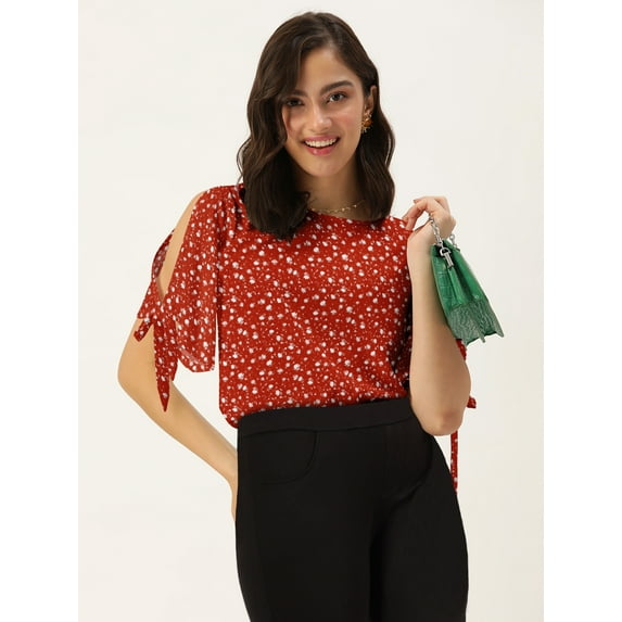 DressBerry Women's Rayon Slub Round Neck Top Casual Summer Knot Cuff Split Sleeves Printed Cold Shoulders Western Style High Waist Light Weighted Blouse