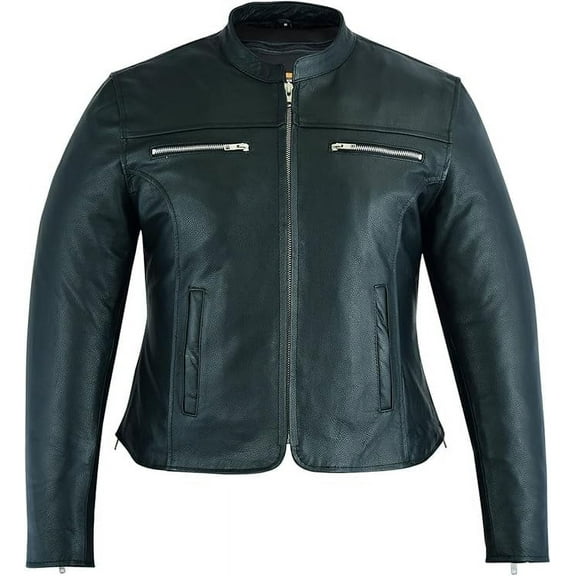 Daniel Smart XS to 5XL Classic Women Motorcycle Leather Jacket with Mandarin collar stripe detailing