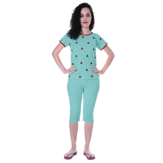 Moomaya Nightwear Set Watermelon Embroidered Capri T-shirt 2 Pcs Set Sleepwear