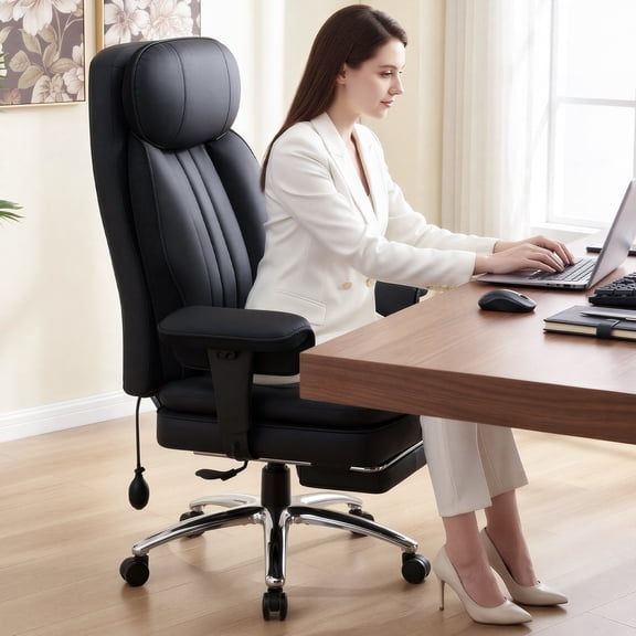 COOLHUT Big and Tall Office Chair 400lbs, High Back Executive Office Desk Chair with Inflatable Lumbar Support & Adjustable Padded Arms, Extra Wide Seat Home Office Chair with Footrest, Black