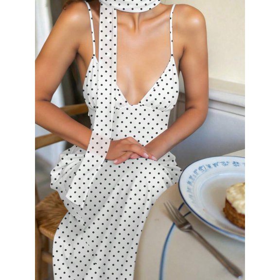 White Polka Dot Choker Neck Maxi Dress, Crisscross Open Back Chiffon