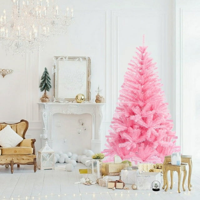 Pink Artificial Christmas Tree 7ft, Full Pre-Hinged Unlit Tree with 1000 Branch Tips and Foldable Stand, Easy to Assemble, Realistic PVC Pine for Office, Party, Holiday Decoration