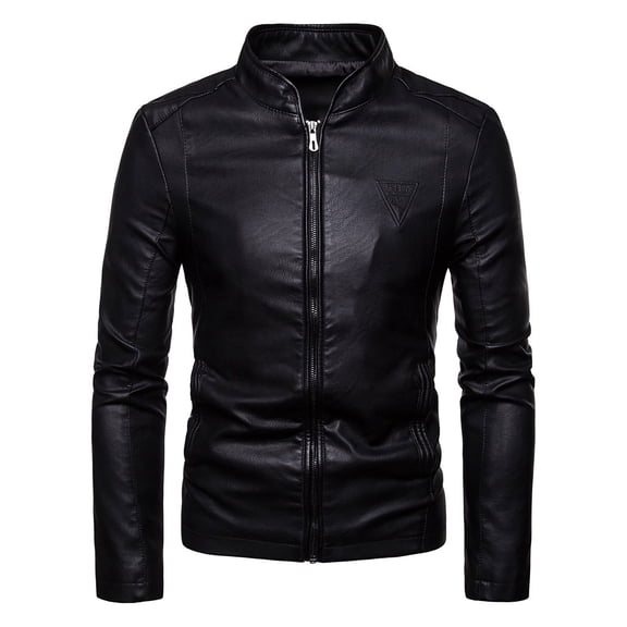 Tiweut Men's Leisure Leather Jackets Mens Solid Color Long Sleeved Stand Collar Zipper Slim Fit Coat Regular Blouses Black,L