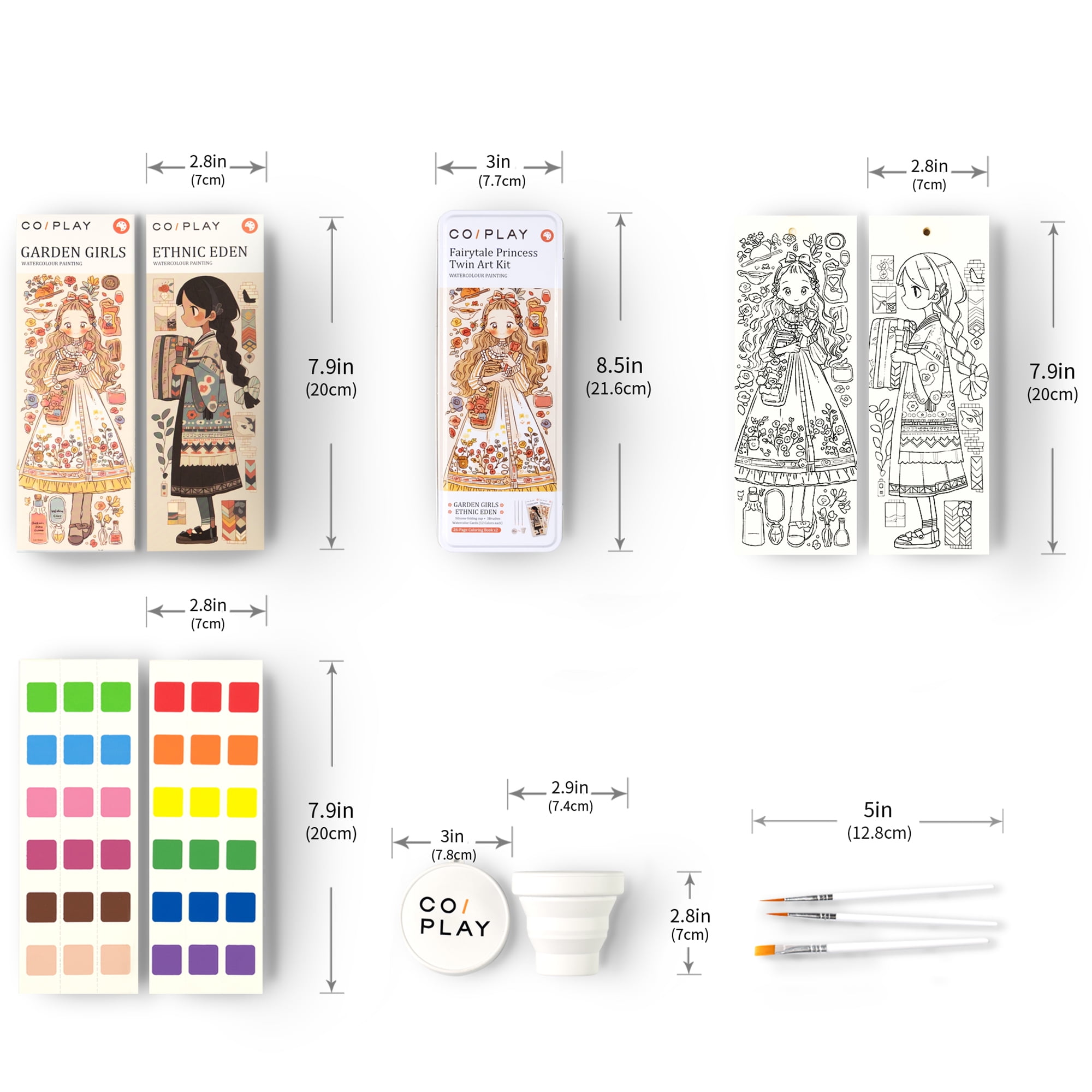 COIPLAY: Watercolor Painting Art Kit - Fairytale Princess - Tin Box, 52 Character Bookmarks, 648 Color Blocks, 3 Brushes, Silicone Cup, Adults-Kids 6+