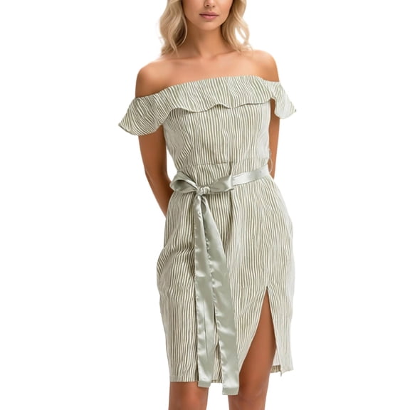 DHFJKG Summer Off Shoulder Dresses For Women Wedding Guest Dress Casual Striped Tie Waist Short Sleeve Slit Midi Sundress Stylish Dresses