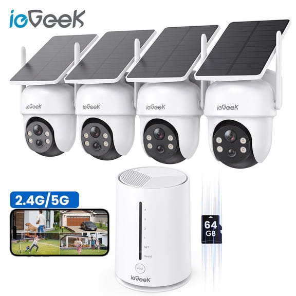 ieGeek 2K/4MP QHD Outdoor Home Security Camera System Solar, Wireless, 2.4G/5G WiFi, 360° PTZ View, No Subscription Fees, Local Storage, PIR Detection, Waterproof, Security Camera System