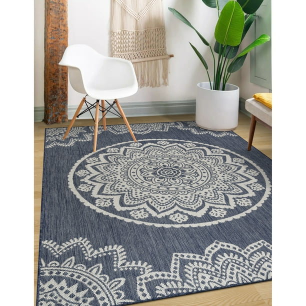 CAMILSON Indoor Outdoor Rug, 8' x 10' Blue Medallion Area Rugs