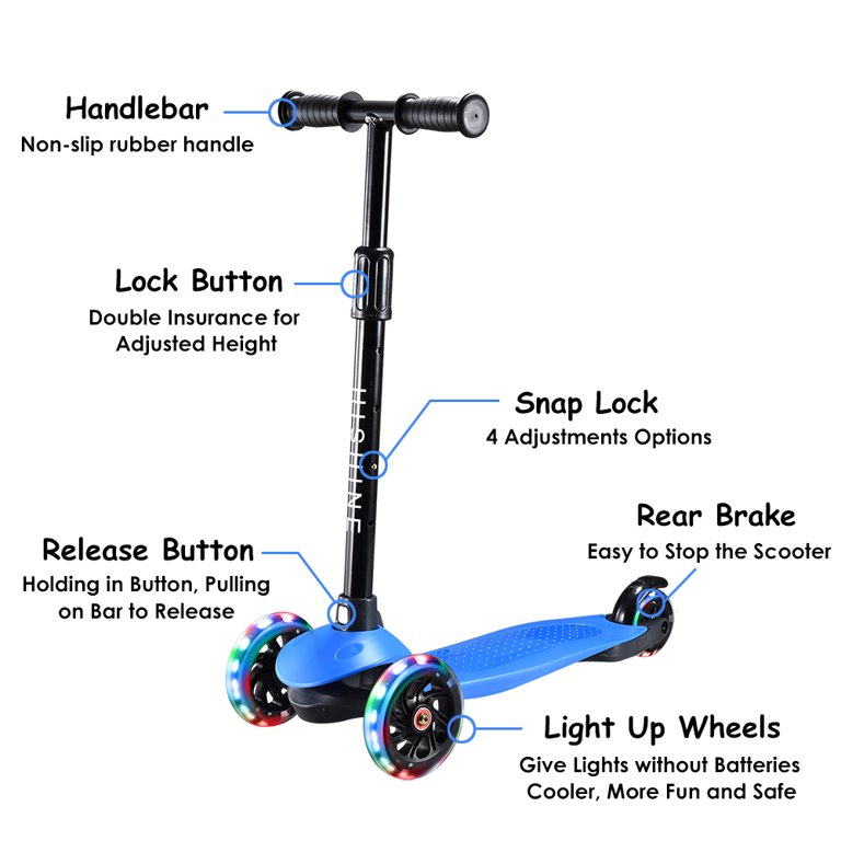 Hishine Kick Scooter for Kids with 3 Light Wheels and Adjustable Height for 2-7 Years Old Ages Girls and Boys Toddlers & Children, Lean to Steer, 3-wheeled Scooters, Blue - Walmart.com