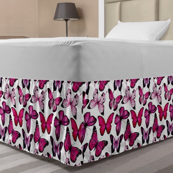 Pink and White Bed Skirt, Summer Nature Theme with Watercolor Style Butterflies Pink Wings, Elastic Bedskirt Dust Ruffle Wrap Around for Bedding Decor, 4 Sizes, Magenta and Hot Pink, by Ambesonne