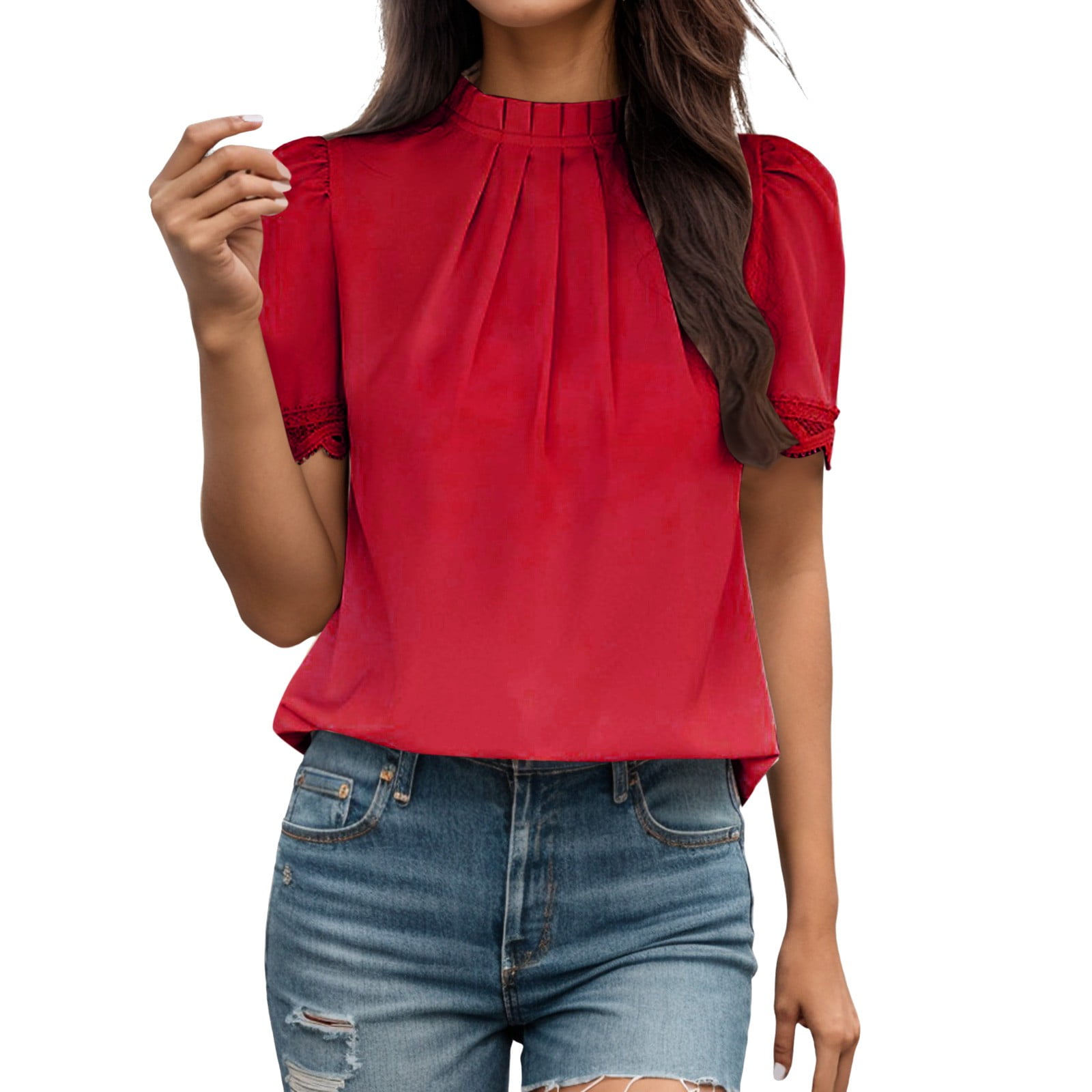WEIYLL Womens Tshirt Solid Temperament Loose Short Sleeve Mock Neck Ruffles Red Tops Sizes S