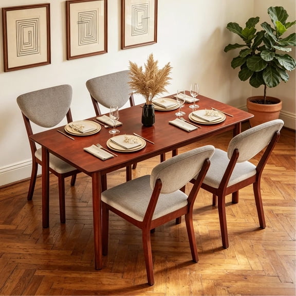 Dining Table Set for 4, Lofka 5 Pieces Solid Wood Kitchen Table Set with Upholstered Seats & Backrests for Home, Rubberwood & Gray Cushions