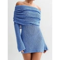 thumbnail image 3 of Women'S Off Shoulder Mini Skirt Bodycon Long Sleeve Crochet Out Going Mesh Elegant Sweater Dress Blue L, 3 of 8
