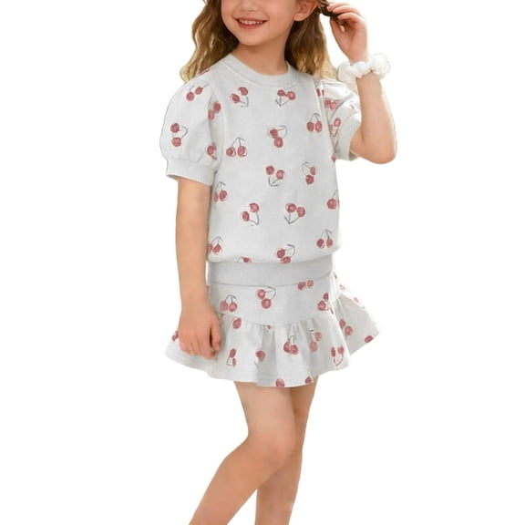 Girls 2 Piece Sets Cute Printed Crewneck Puff Crew Neck Tops and Skirts Kids Clothes Girls Size 1-9