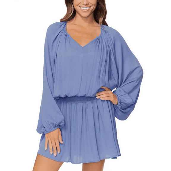 Raisins BLUE Juniors' Maui Solid Blouson-Sleeve Dress Swim Cover-up, US X-Large