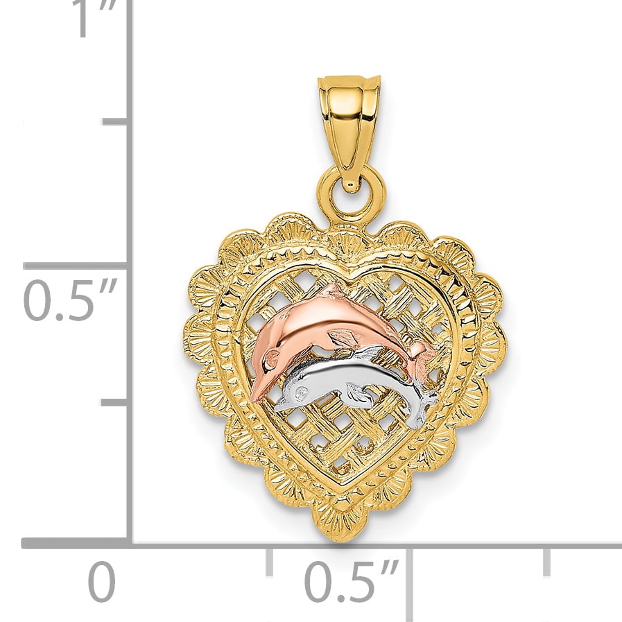 Finejewelers 14k Two-tone Gold Double Dolphins On Basket Weave  Hearttri-color Charm