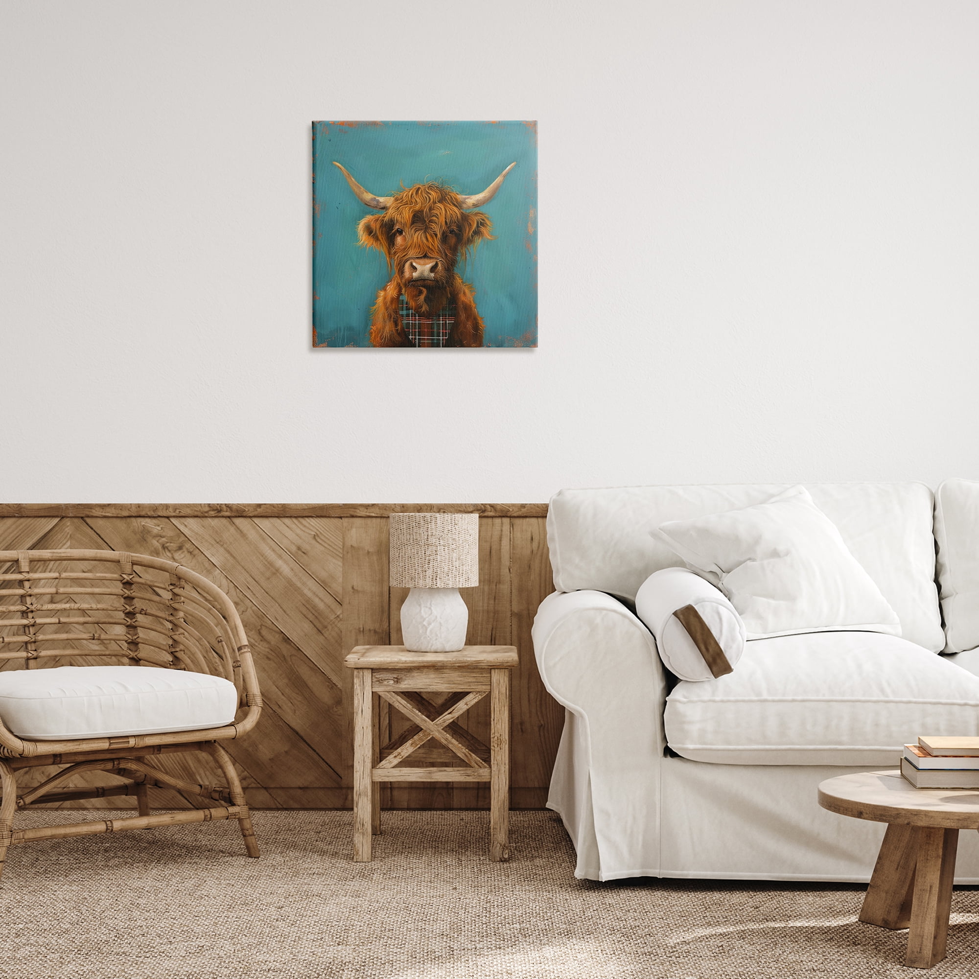 Stupell Industries Highland Cow on Blue Animals Painting Wrapped Canvas Art Print Wall Art, 24 x 24