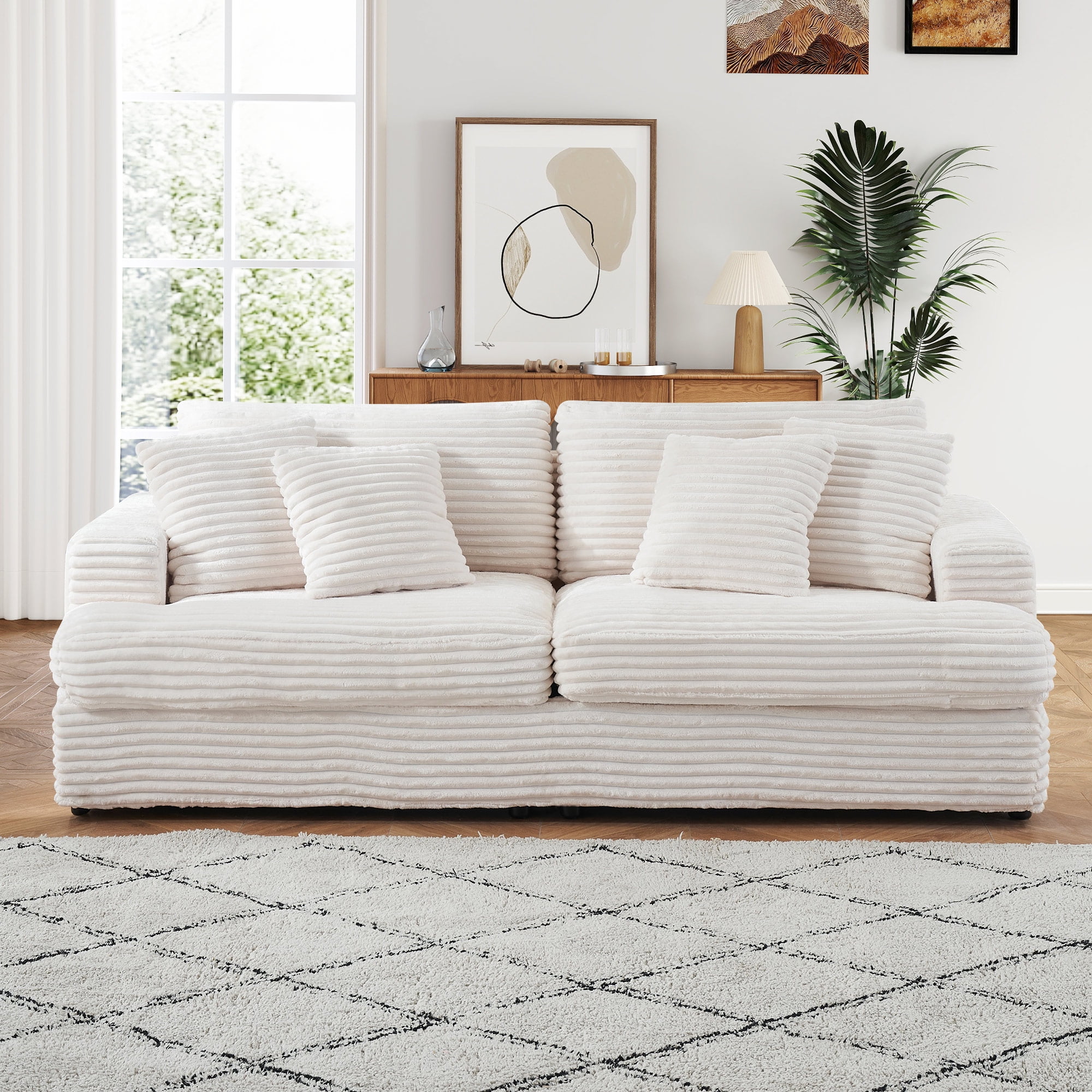 Dinosisco Corduroy Sofa Couch, Upholstered 3-Seater Deep Seat Couch for Living Room, White