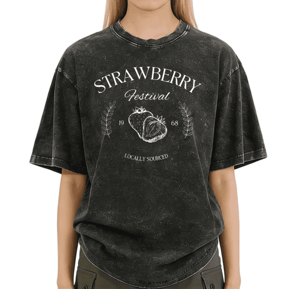 Black Washed Print Tshirt Graphic Tees Shirts S-2XL Strawberry Line Art Print Cozy Casual Trendy Tops