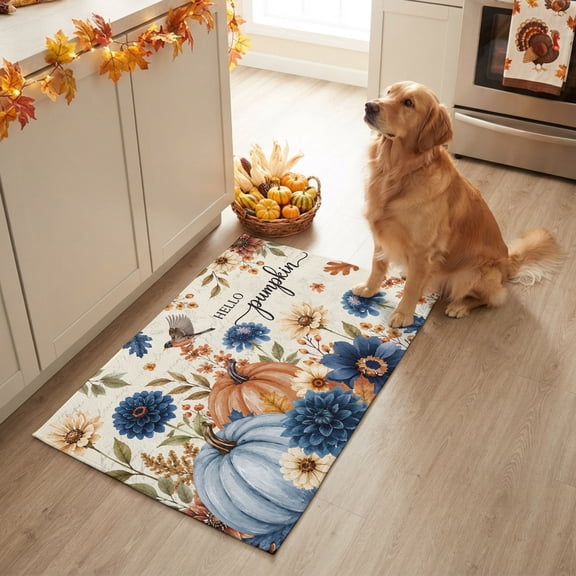 2x3 Ft Entryway Area Rug, Thanksgiving Kitchen Rug Runner Washable Floor Mat, Fall Pumpkin Flowers Branches Leaves Birds Non Slip Indoor Door Mat Throw Carpet for Bathroom Living Room Bedroom