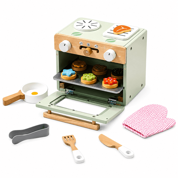 Wooden Play Kitchen Oven Set with Pretend Food & Cooking Accessories, Kids Pretend Play Kitchen Toy, Green