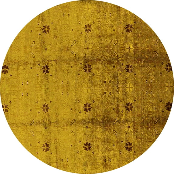 Ahgly Company Machine Washable Indoor Round Oriental Yellow Industrial Area Rugs, 4' Round