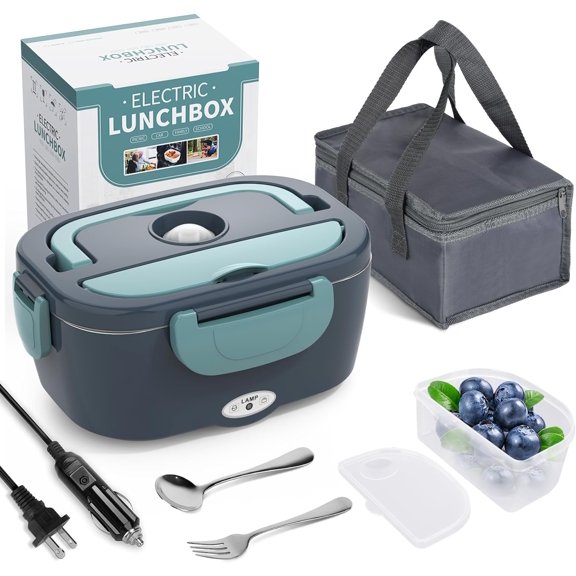 Electric Lunch Box Food Heater 3 in 1 Ultra Quick Heated Boxes for Adults 12V/24V/110V Portable Warmer Car/Truck/Office With Fork Spoon and Insulated Carry Bag