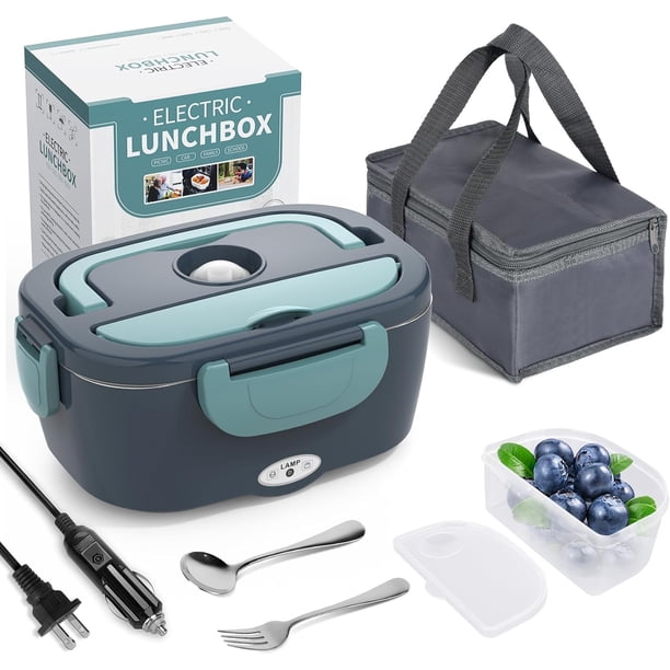 Lonchera eléctrica 3 en 1 para adultos, calentador de alimentos ultrarrápido, portátil, de 12 V/24 V/110 V, para coche, camión y oficina, con tenedor, cuchara y bolsa de transporte aislante.