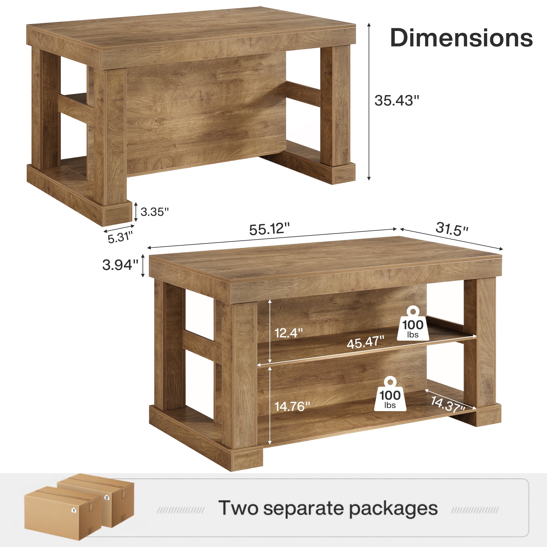 Finmind Kitchen Island with 3 Shelves, 55-Inch Kitchen Shelf with Large Worktop, Stable Wooden Structure, Farmhouse Style, Light Brown