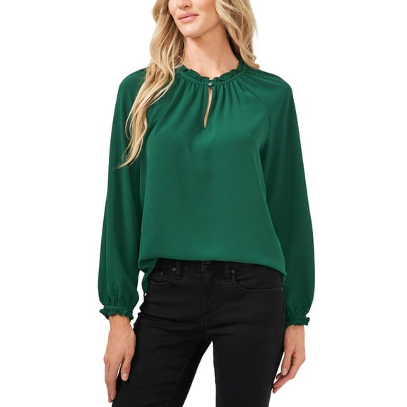 Cece Ruffle Detail Keyhole Blouse Alpine Green XS