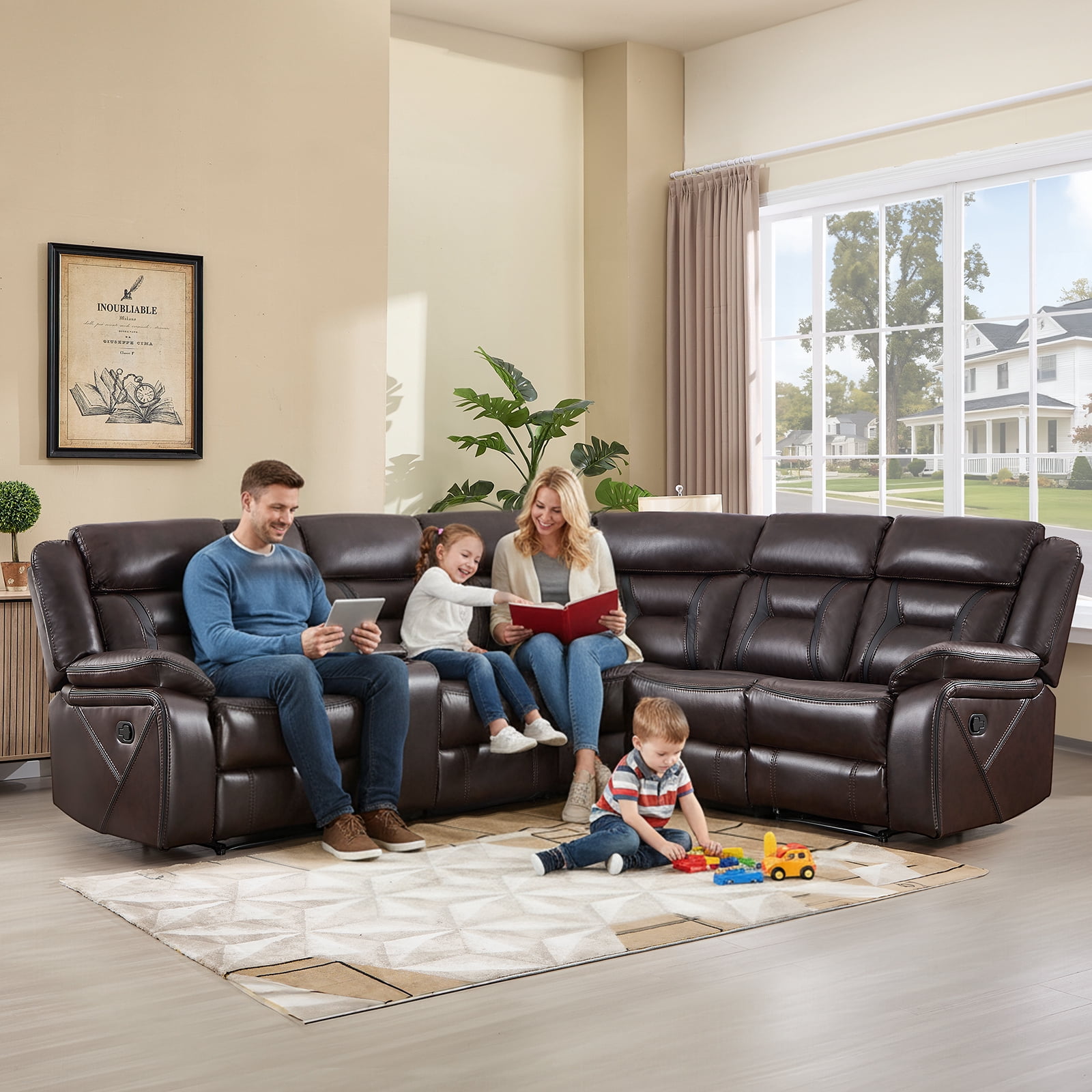 Bonzy Home 5‑Seat Reclining Chair Sofa with Center Console, Hidden Storage & Cup Holders Couch for Living Room & Meeting Room