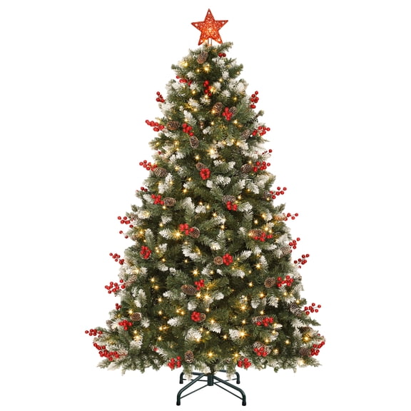 Dextrus 7.5FT Pre-lit Flocked Christmas Tree w/ Pine Cones & Red Berries, Artificial Christmas Pine Tree with 1398 Tips & 550 Lights, Remote Control,11 Light Modes, Green