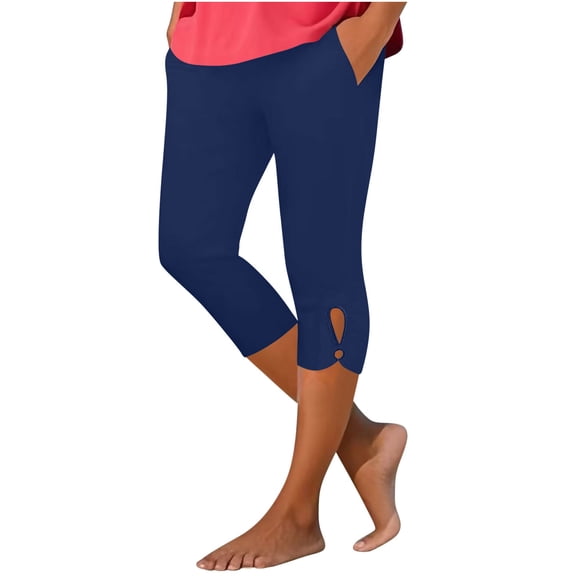 Riforla Leggings with Pockets Women's 7/8 Yoga Solid Color Summer Stretchy Soft Cutout Metal Rings High Waist Workout Running Everyday Wear Women's Pants Navy XL